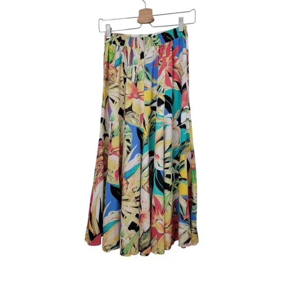 Vintage Saint Germain Paris Tropical Floral Midi Skirt Elastic Waist Womens Sz S - Picture 2 of 5